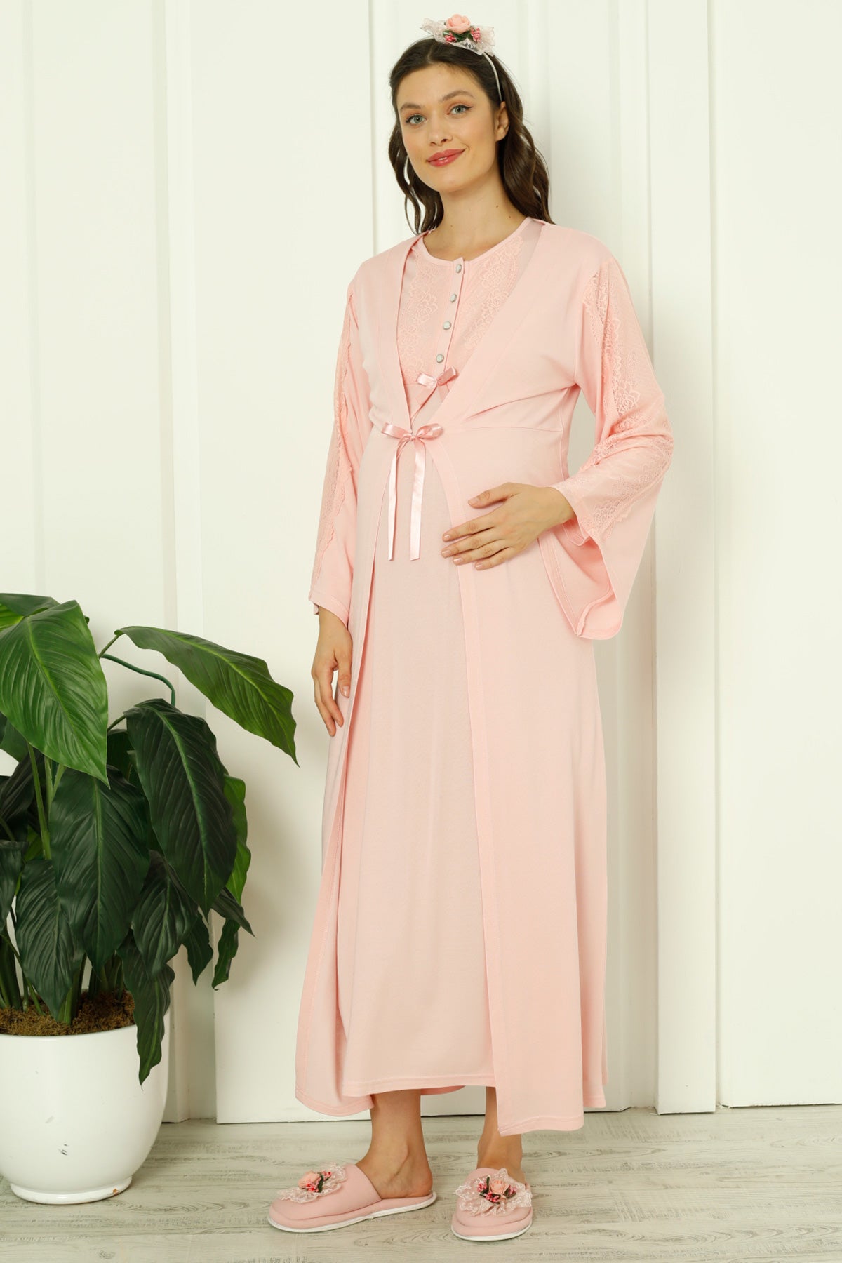 Lace Sleeve Maternity & Nursing Nightgown With Robe Salmon - 2261