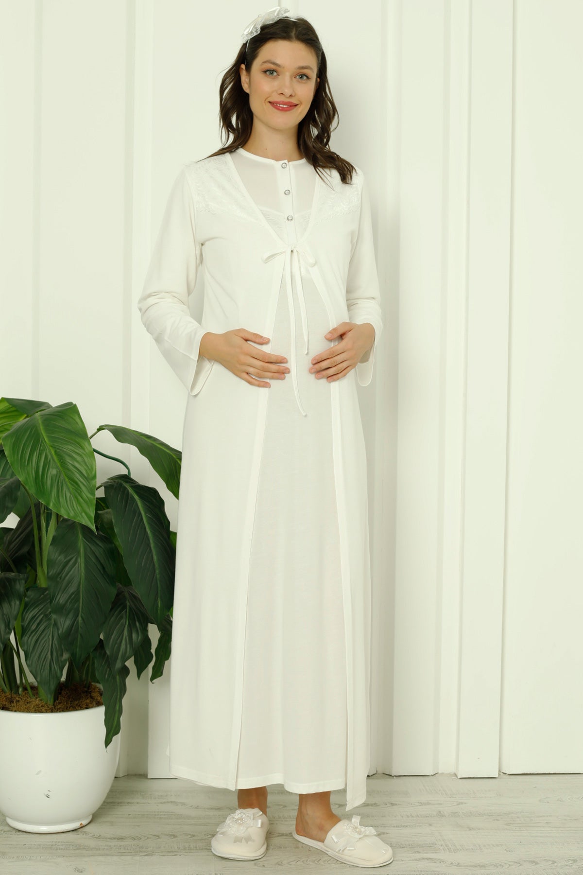 Guipure Collar Maternity & Nursing Nightgown With Robe Ecru - 2262
