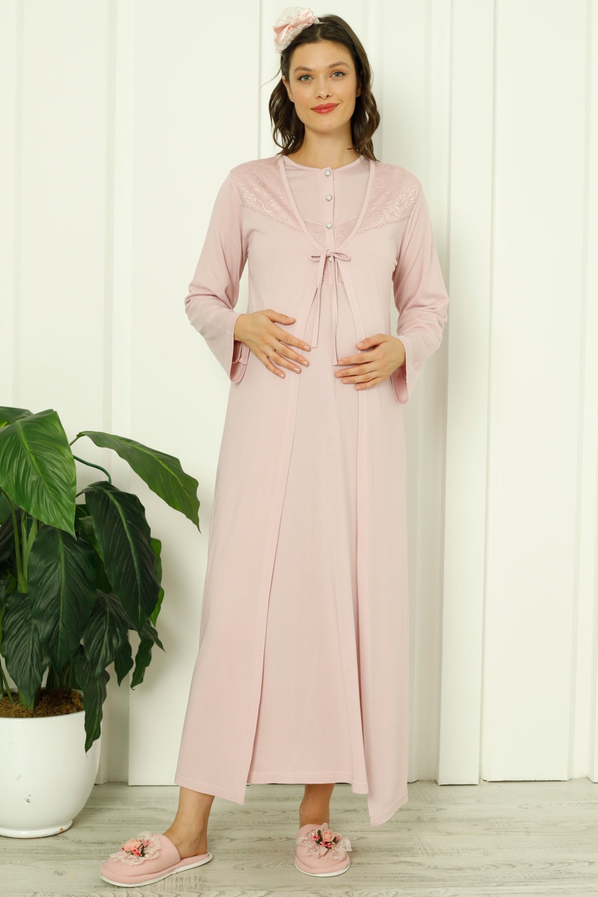 Guipure Collar Maternity & Nursing Nightgown With Robe Dried Rose - 2262