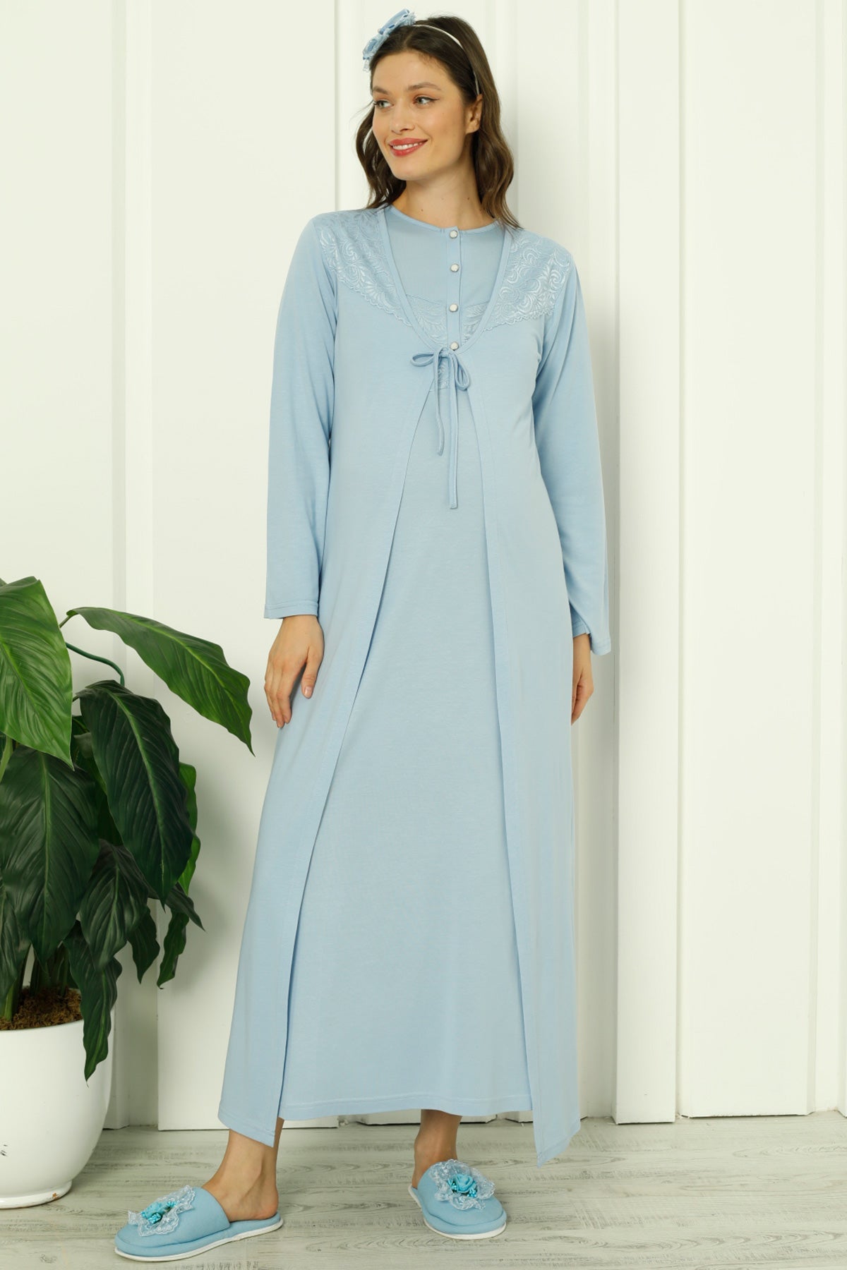 Guipure Collar Maternity & Nursing Nightgown With Robe Blue - 2262