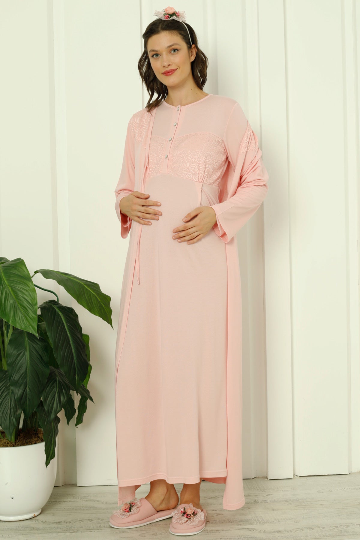 Guipure Collar Maternity & Nursing Nightgown With Robe Salmon - 2262