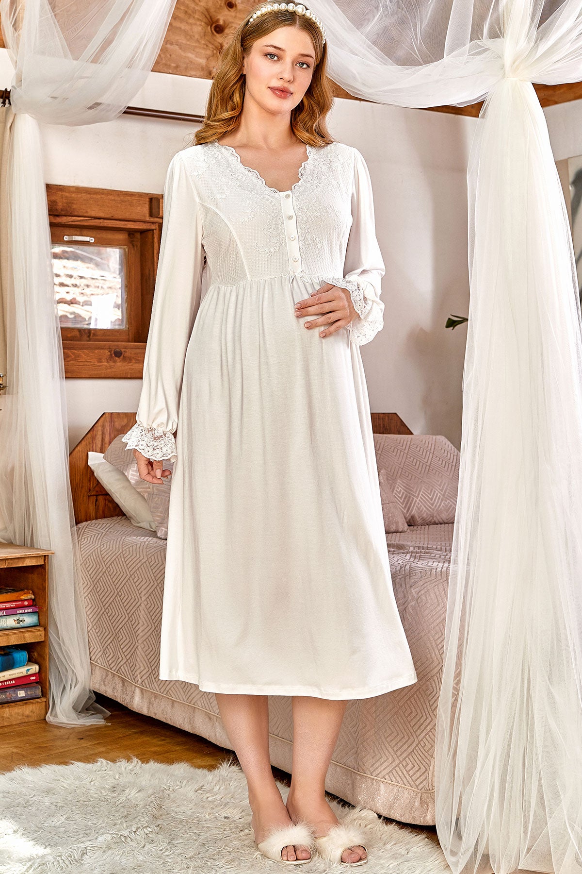 Lace Sleeve Maternity & Nursing Nightgown Ecru - 24157