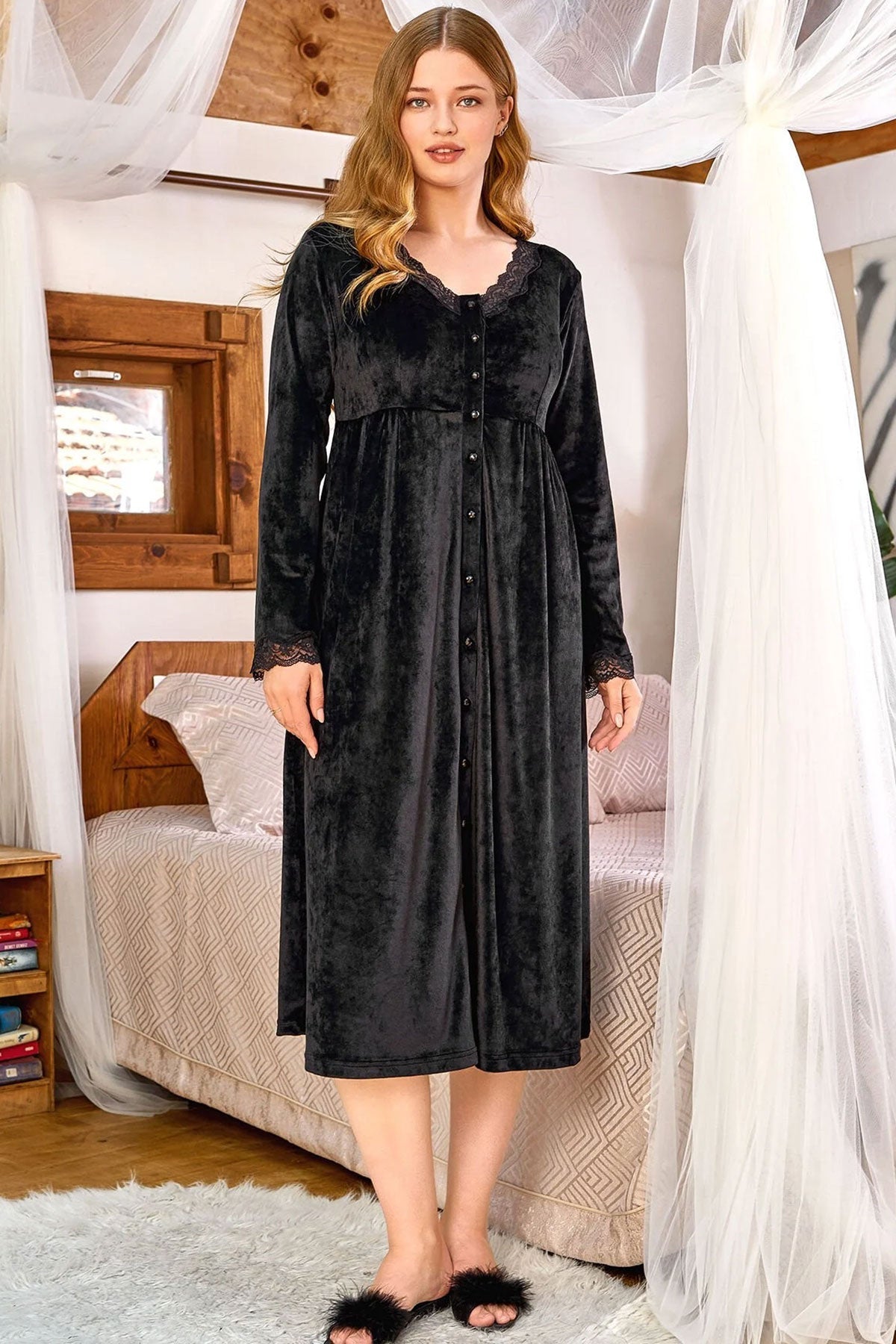 Velvet Lace Maternity & Nursing Nightgown Black - 24165