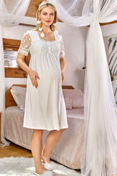 Flower Lace Sleeve Maternity & Nursing Nightgown Ecru - 24168