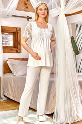 Flower Lace Sleeve Maternity & Nursing Pajamas Ecru - 24169