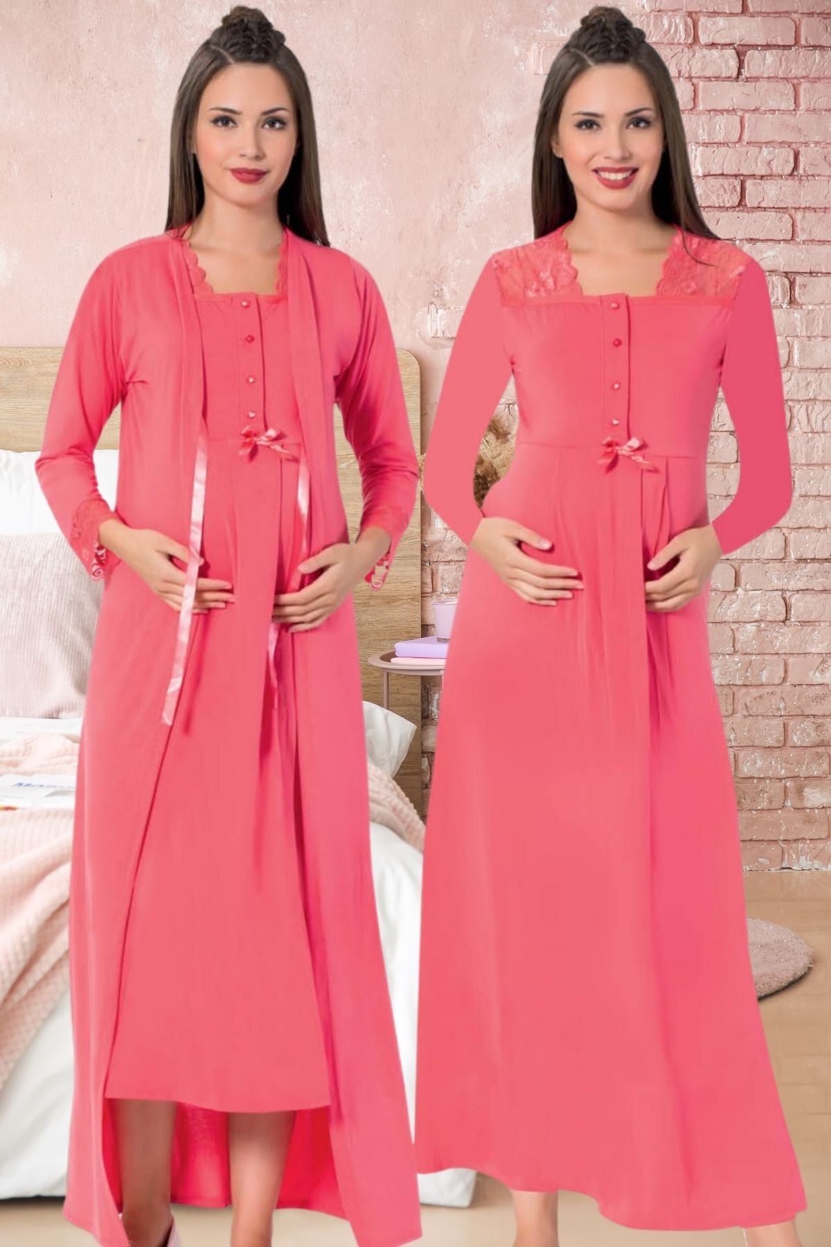 Lace Collar Maternity & Nursing Nightgown With Robe Pink - 26578