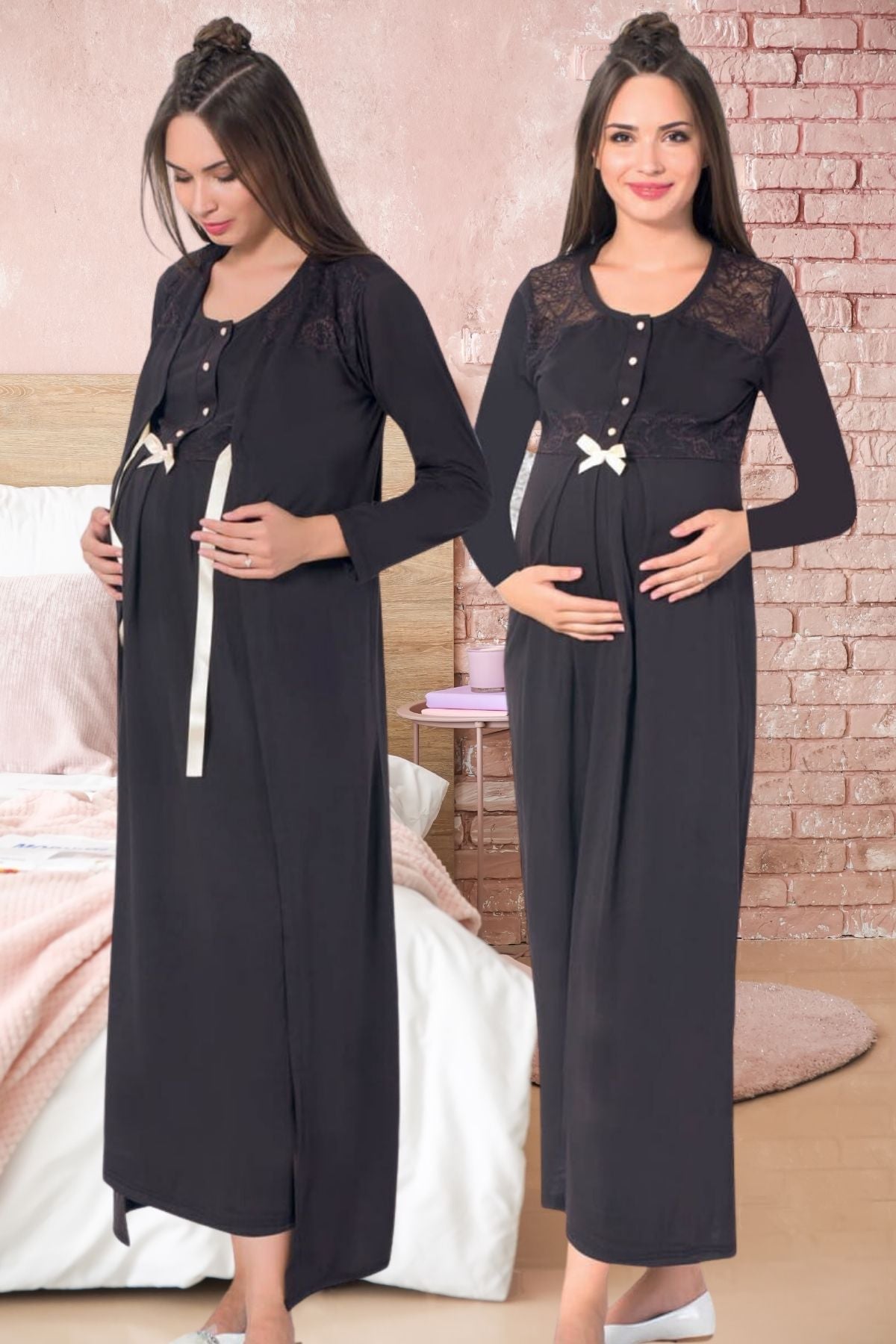 Lace Shoulder Maternity & Nursing Nightgown With Robe Black - 26818