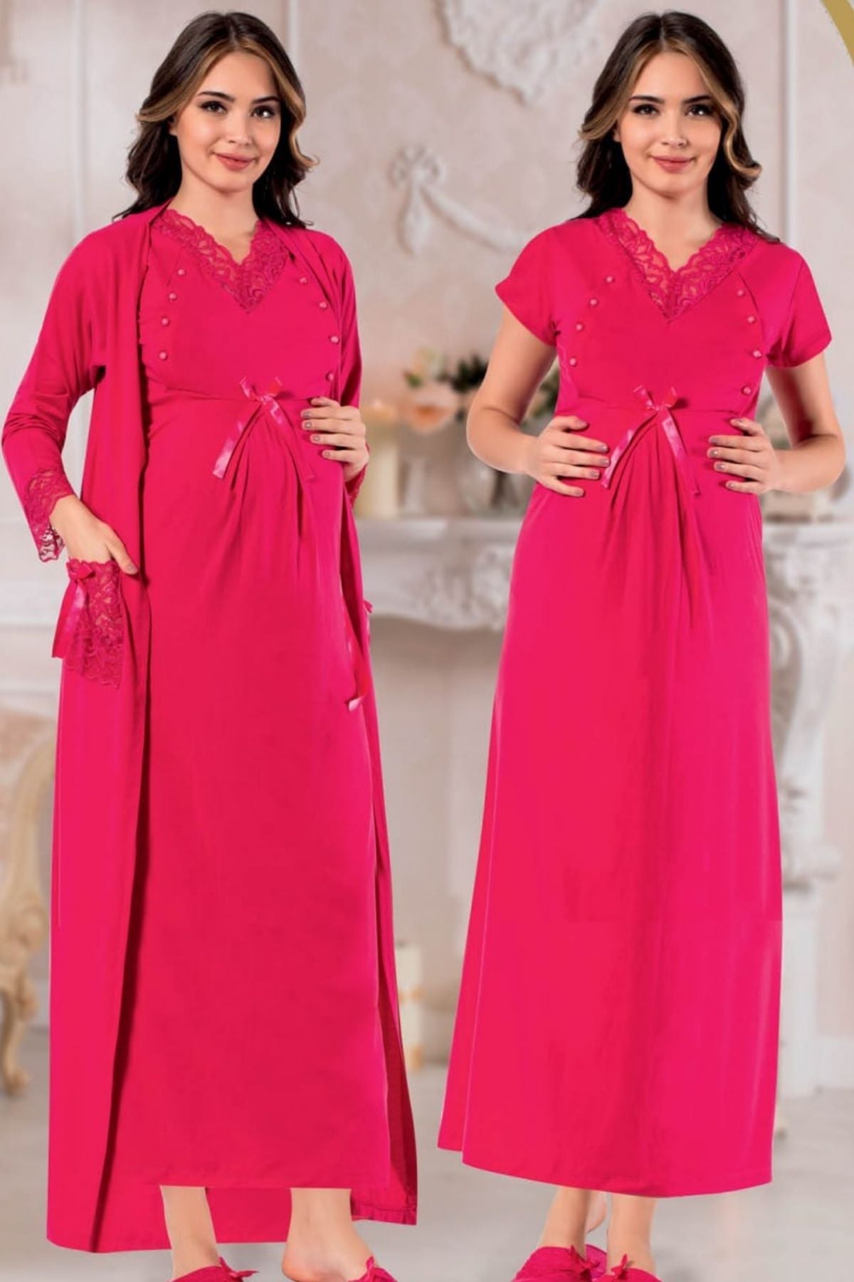 Lace V-Neck Maternity & Nursing Nightgown With Robe Fuchsia - 27787