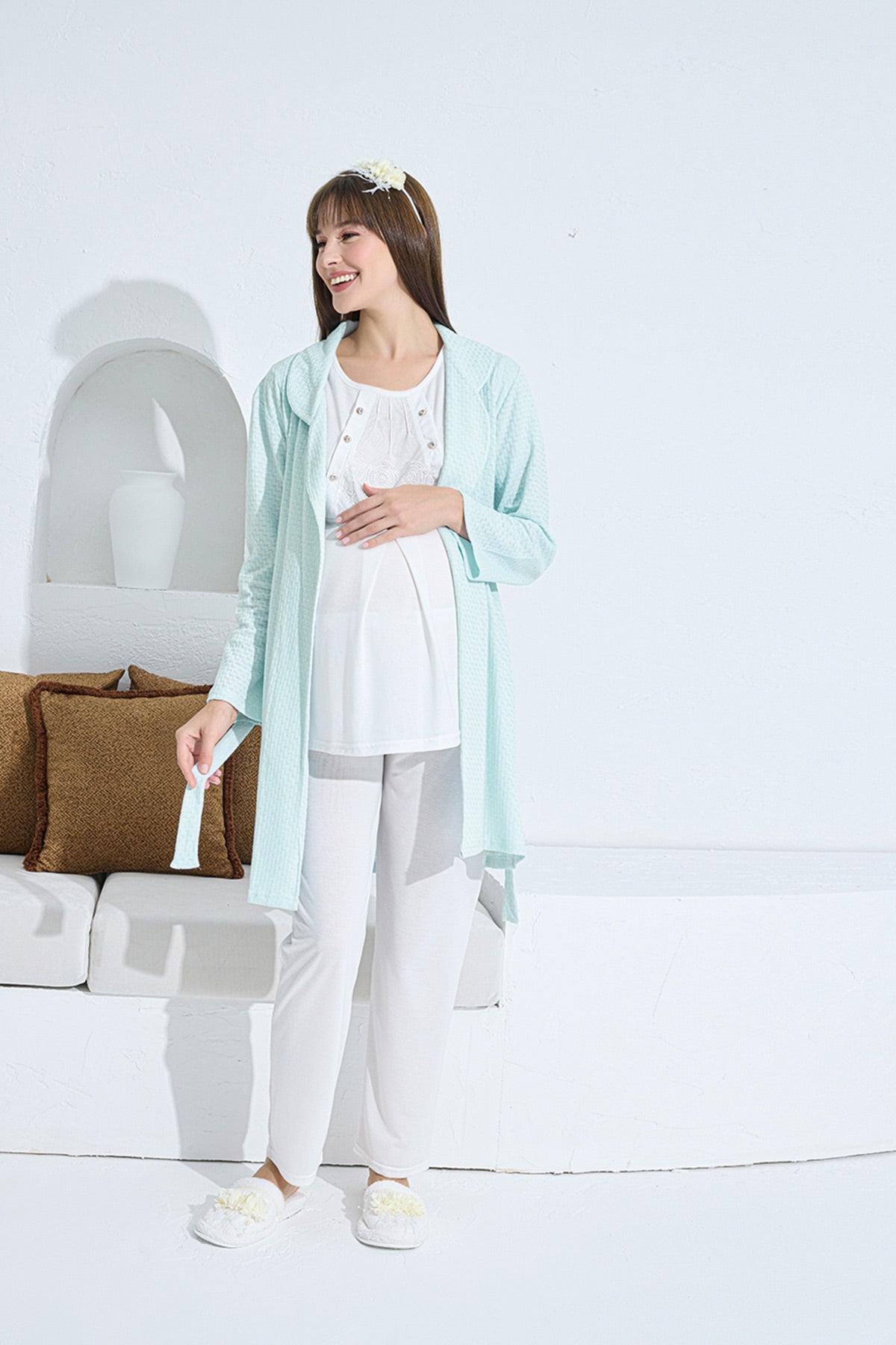 3-Pieces Maternity & Nursing Pajamas With Knitwear Robe Green - 3373
