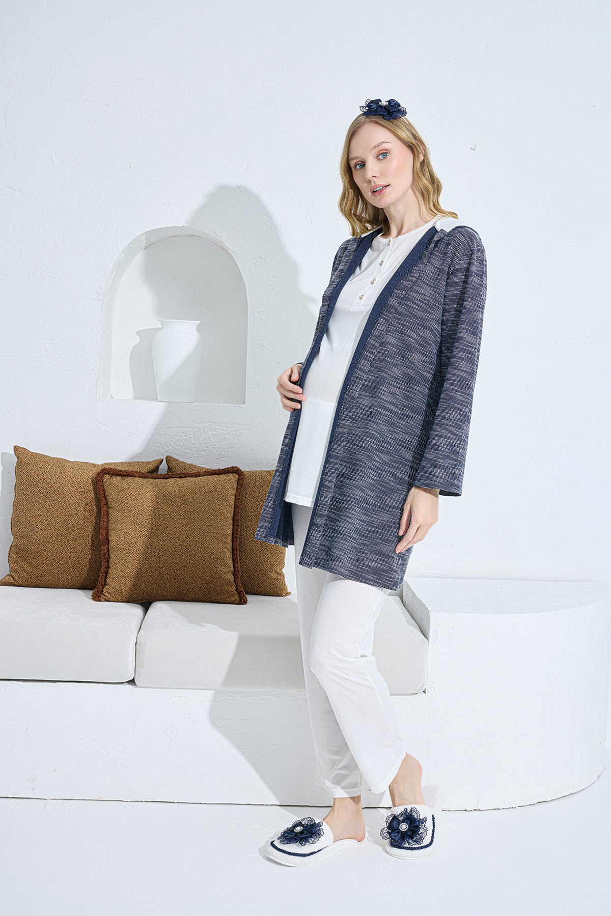 Hooded Melange 3-Pieces Maternity & Nursing Pajamas With Robe Ecru - 3375