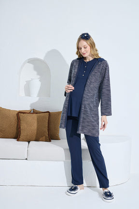 Hooded Melange 3-Pieces Maternity & Nursing Pajamas With Robe Navy Blue - 3375