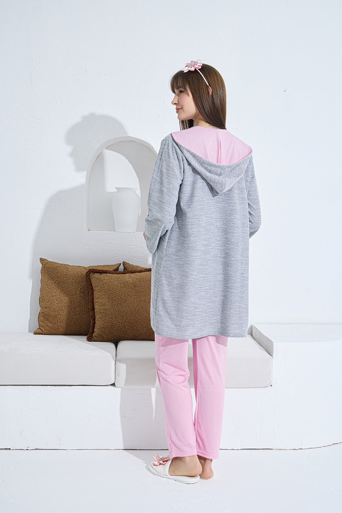 Hooded Melange 3-Pieces Maternity & Nursing Pajamas With Robe Pink - 3375