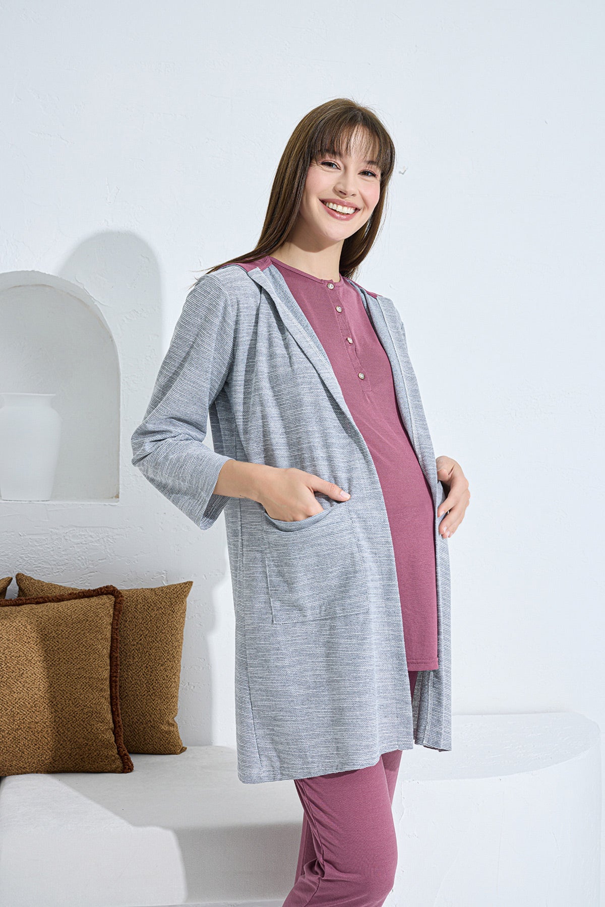 Hooded Melange 3-Pieces Maternity & Nursing Pajamas With Robe Cherry - 3375