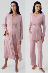 Patterned Cross Double Breasted 4 Pieces Maternity & Nursing Set Powder - 405205