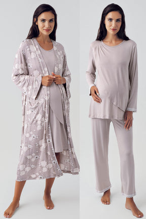 Flowery Wide Double Breasted 4 Pieces Maternity & Nursing Set Coffee - 409209