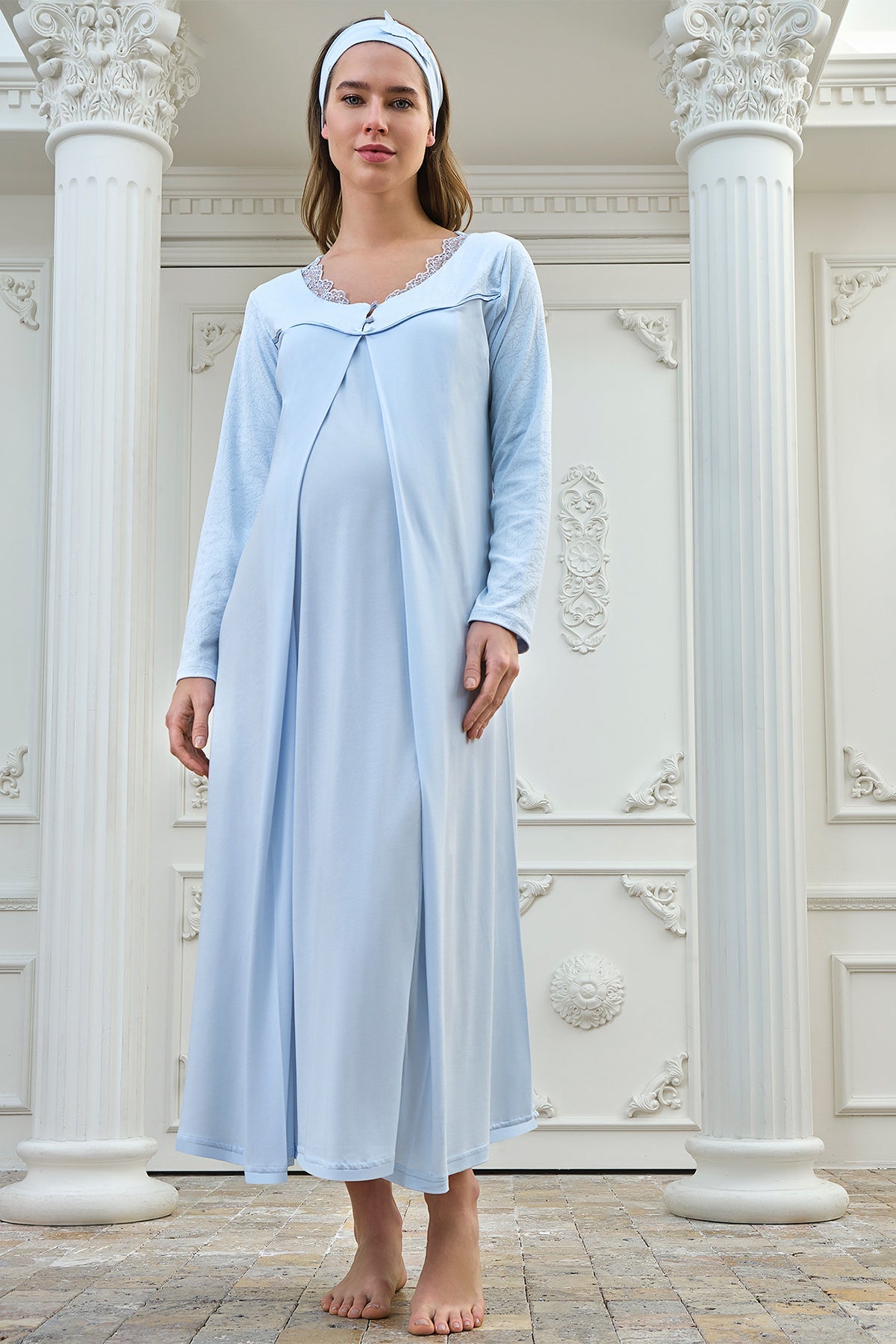 Lace Collar Maternity & Nursing Nightgown Blue - 4330