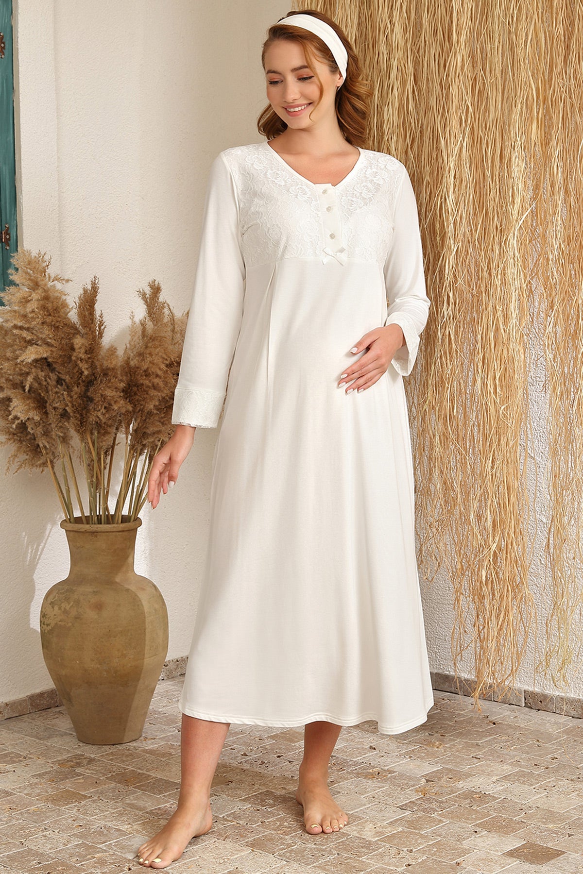 Guipure Collar Maternity & Nursing Nightgown Ecru - 4405