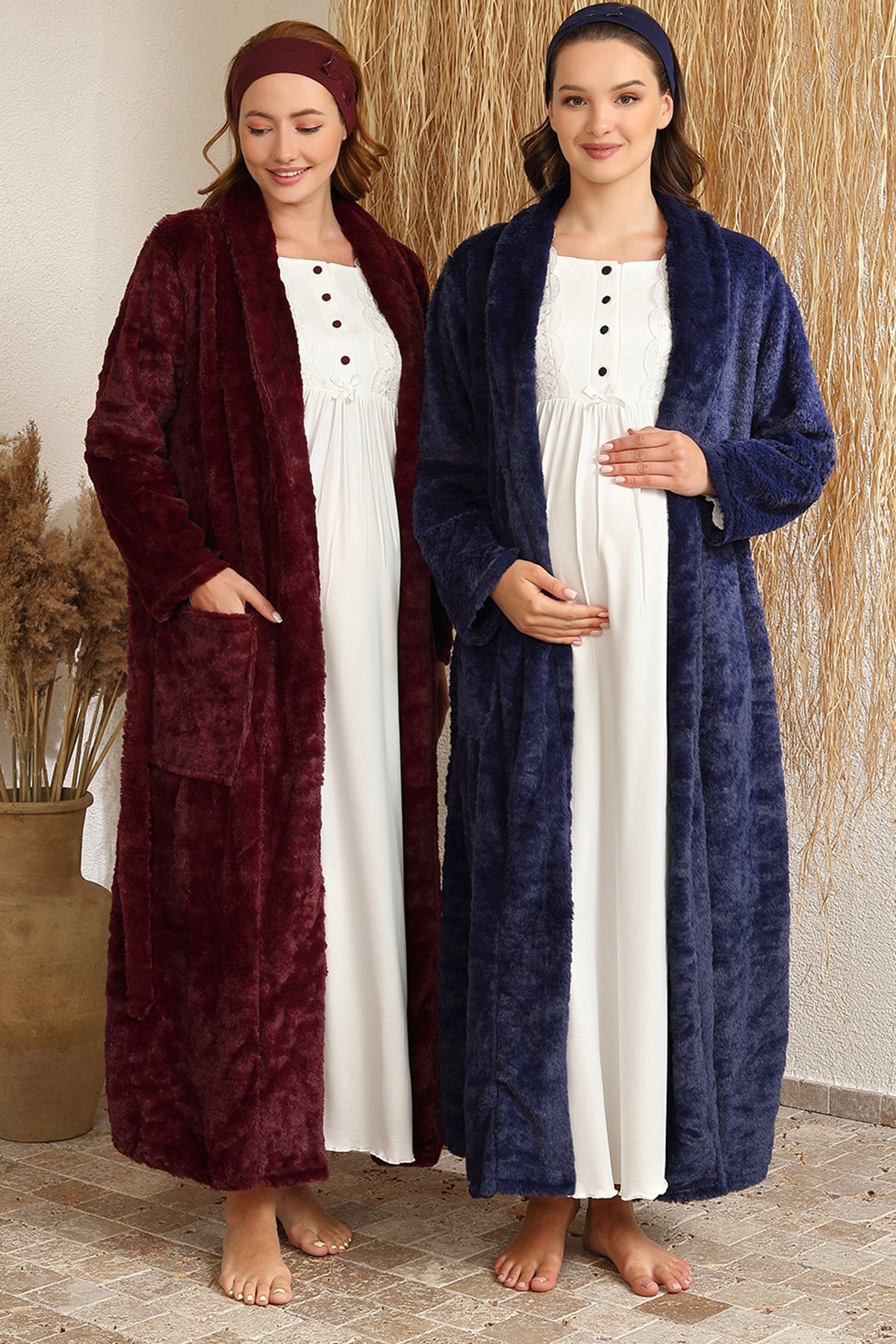 Guipure Maternity & Nursing Nightgown With Welsoft Robe Navy Blue - 4409