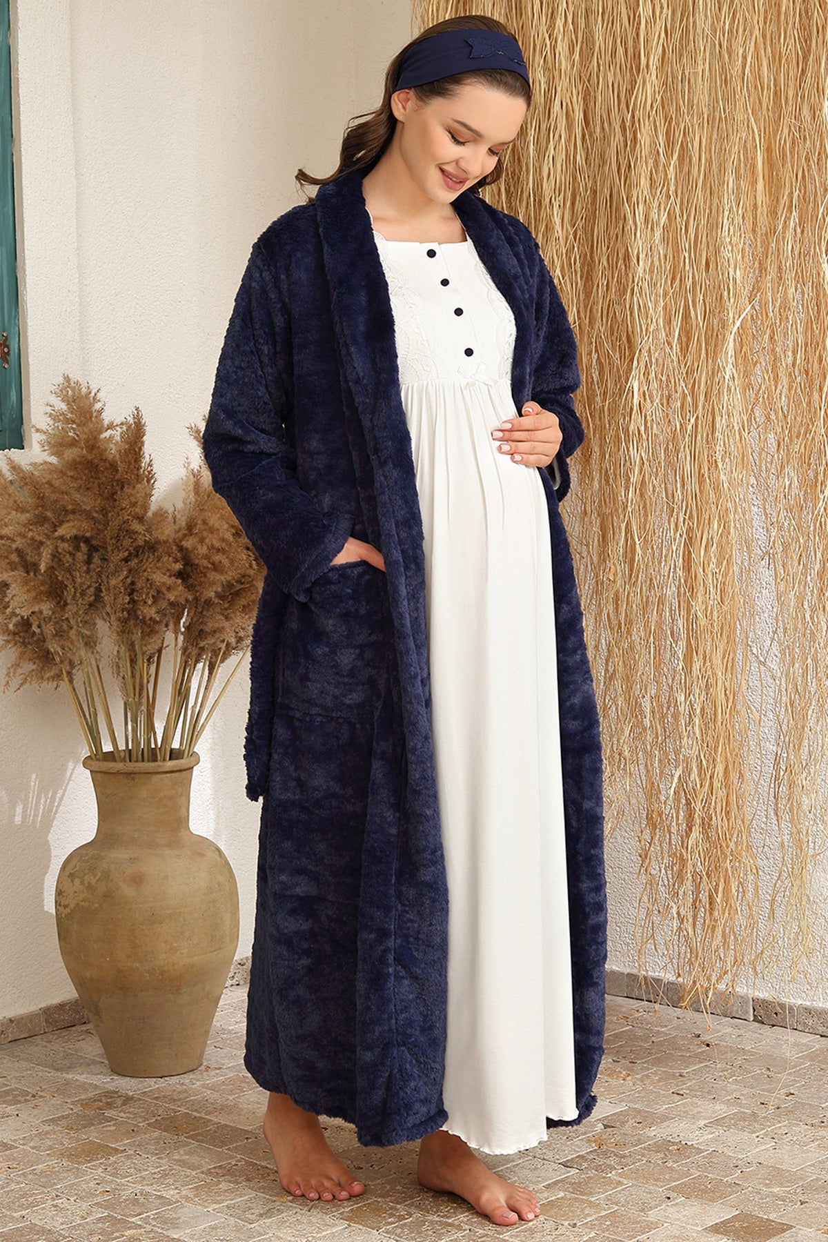 Guipure Maternity & Nursing Nightgown With Welsoft Robe Navy Blue - 4409