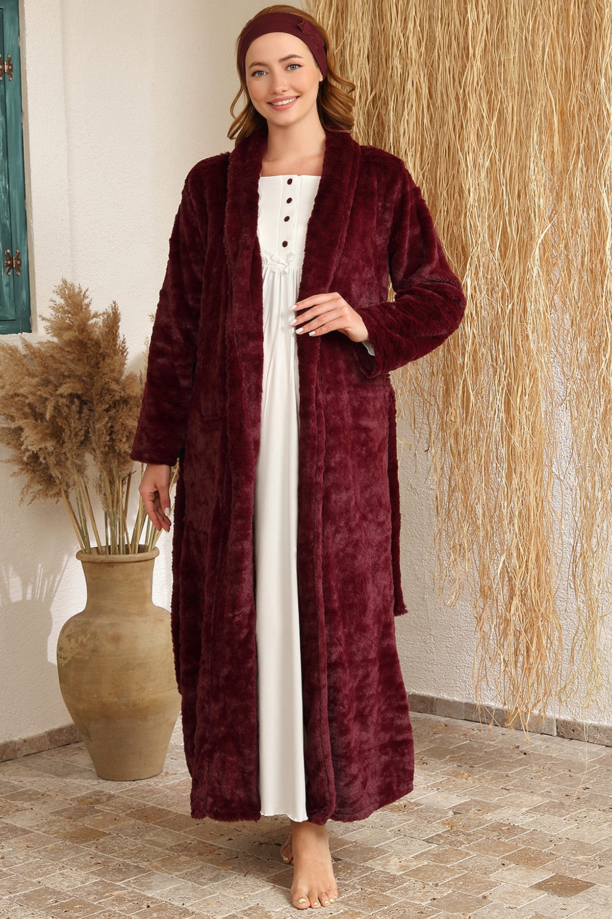 Guipure Maternity & Nursing Nightgown With Welsoft Robe Claret Red - 4409