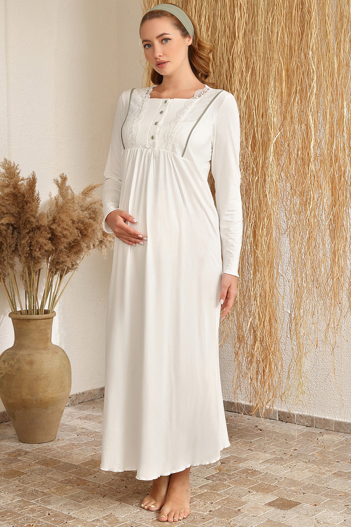 Guipure Maternity & Nursing Nightgown With Welsoft Robe Green - 4409