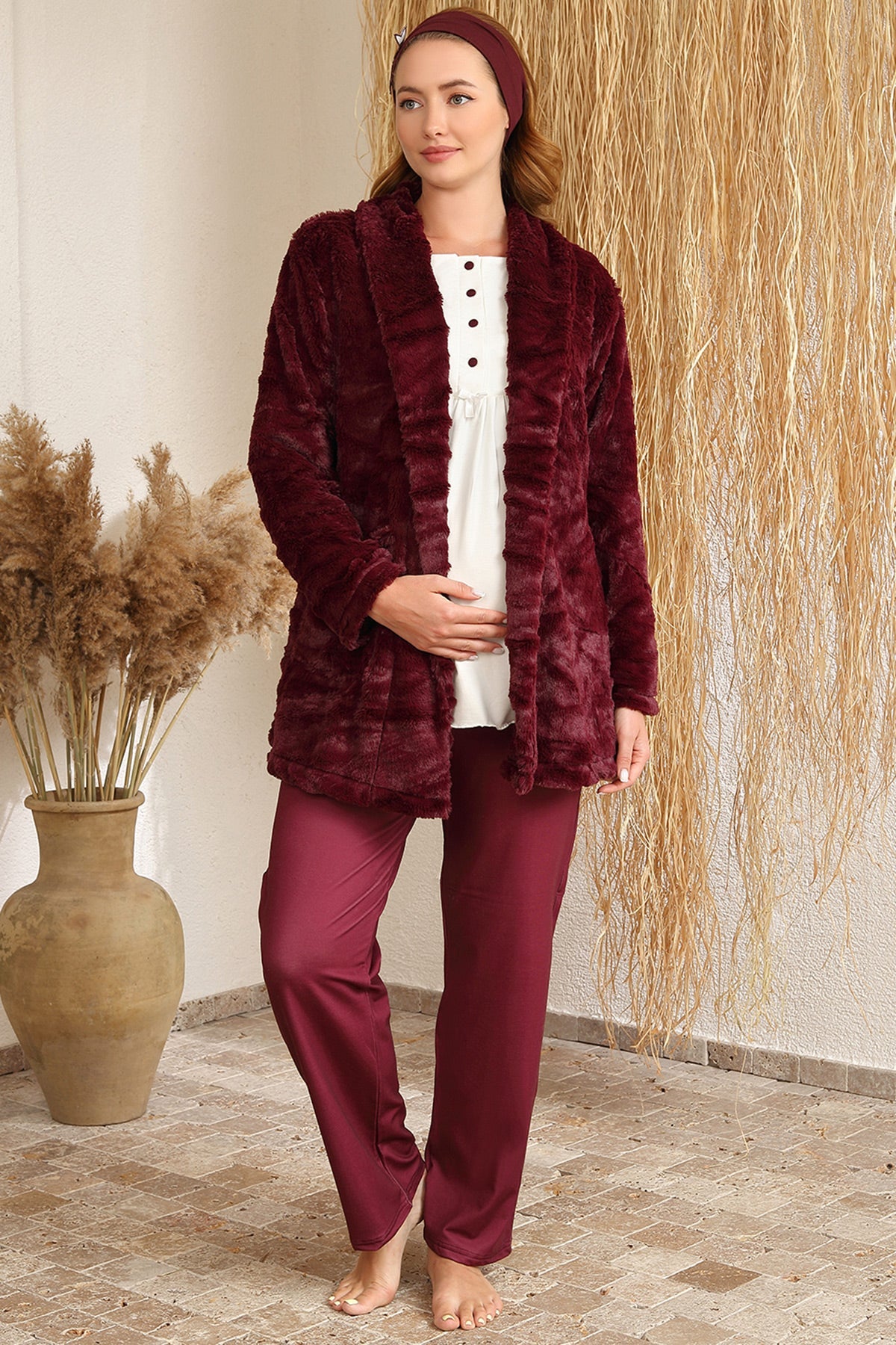 Guipure 3-Pieces Maternity & Nursing Pajamas With Welsoft Robe Claret Red - 4410