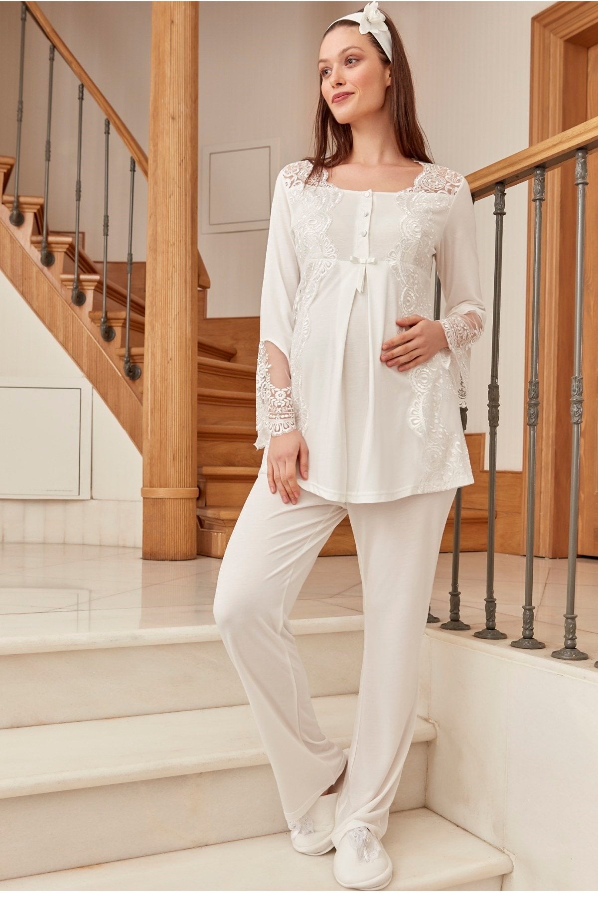 Lace Collar Maternity & Nursing Pajamas Ecru - 5015