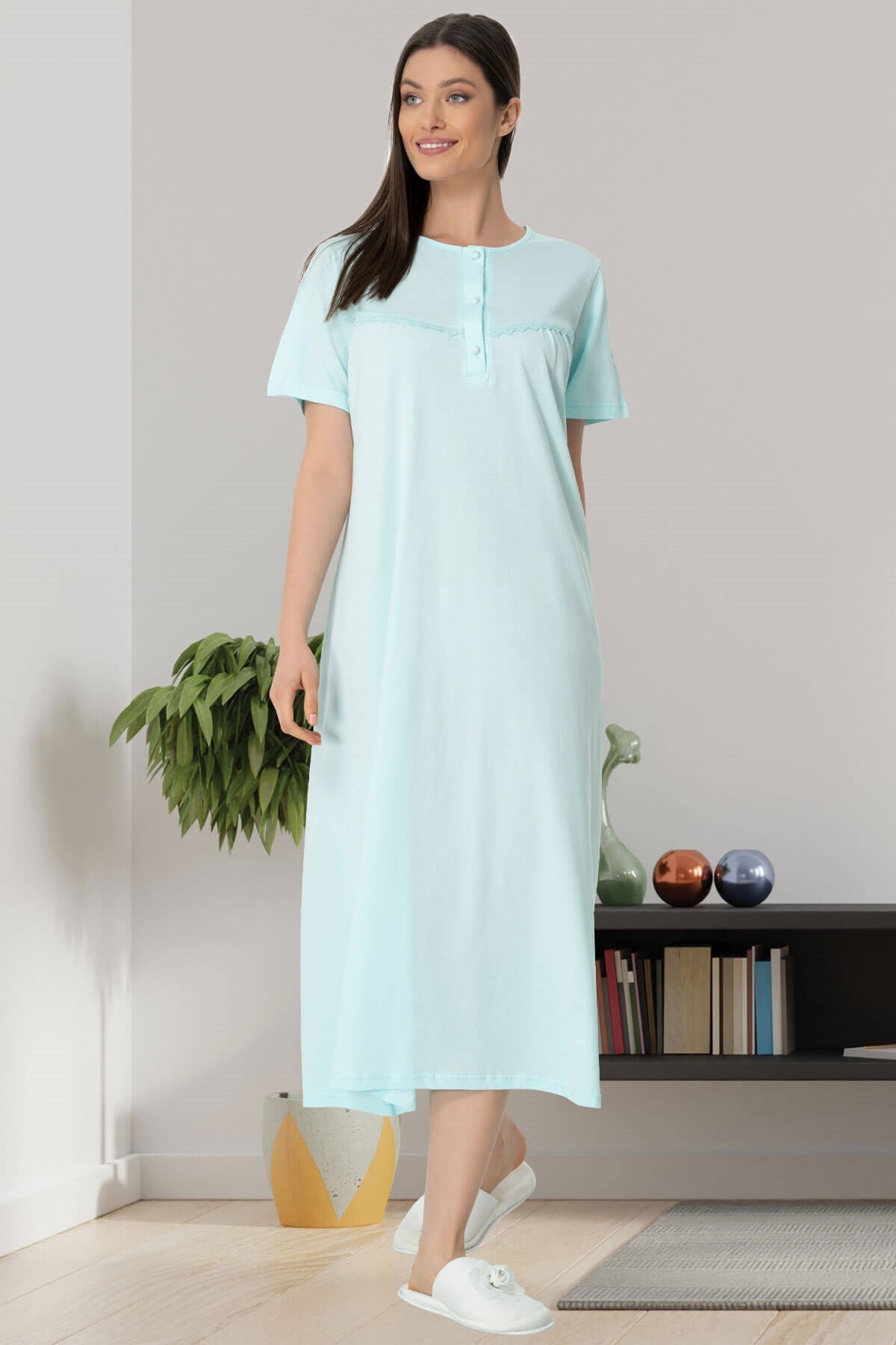 Guipure Plus Size Maternity & Nursing Nightgown Turquoise - 5054
