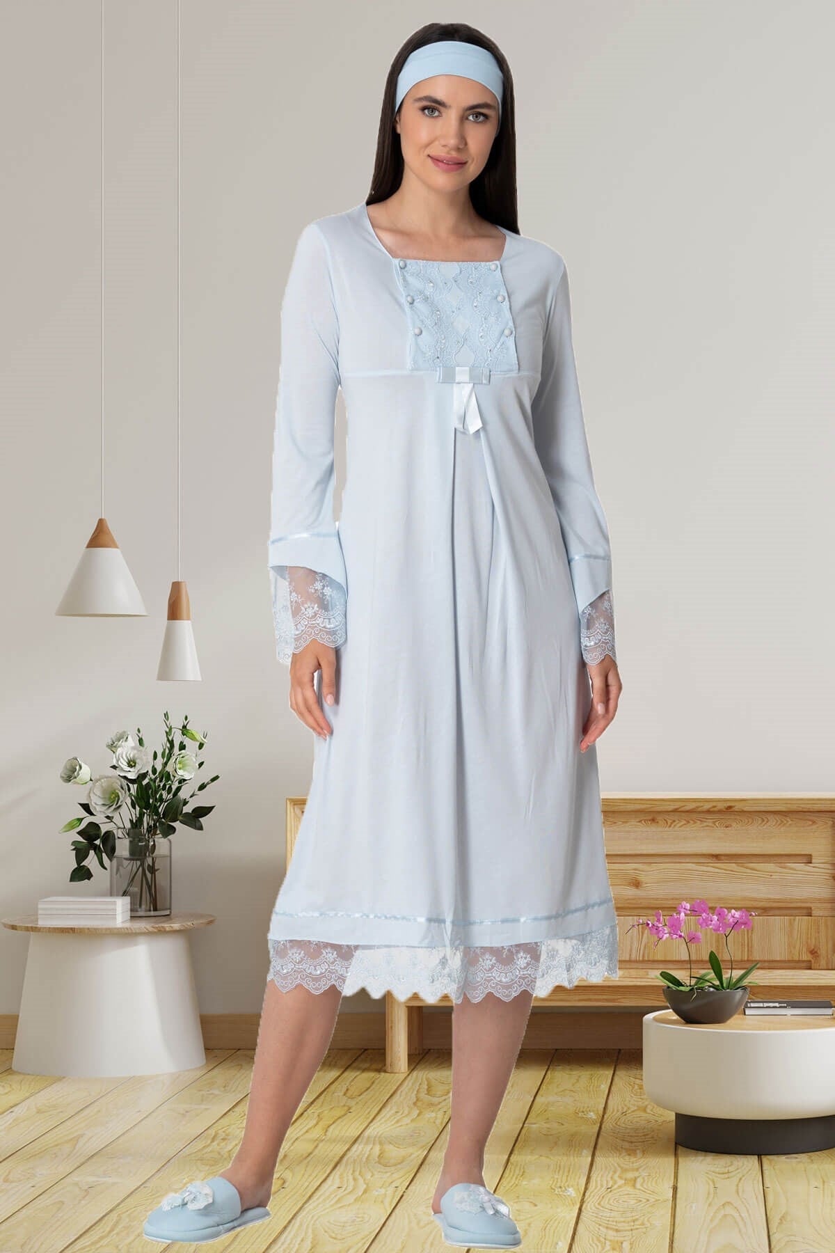 Skirt Lace Maternity & Nursing Nightgown Blue - 5209
