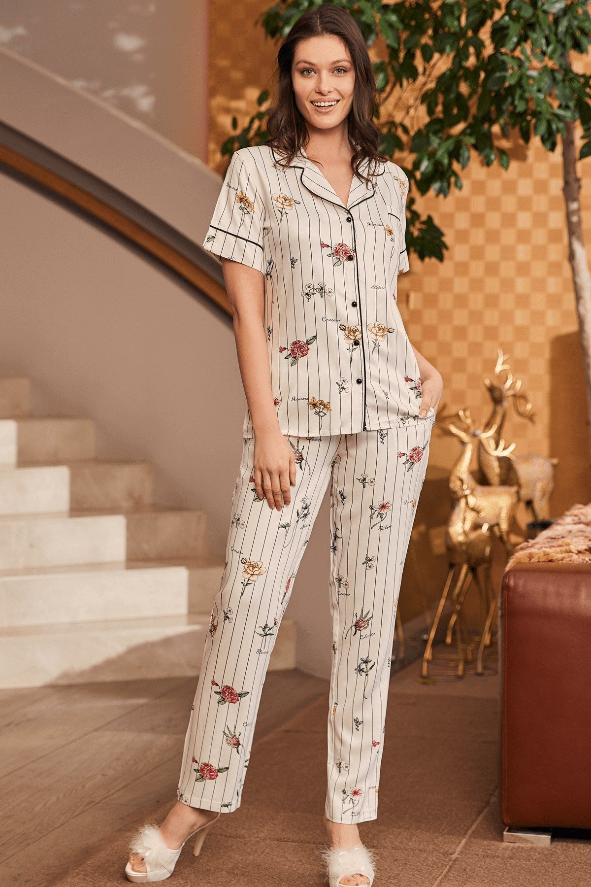Woven Pattern Maternity & Nursing Pajamas Ecru - 5253