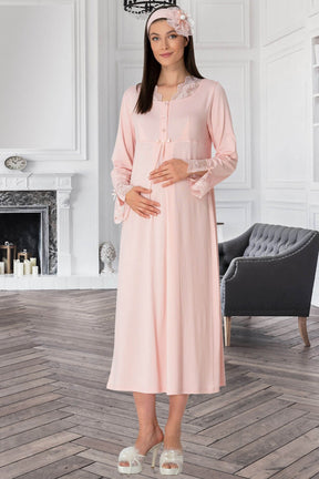 Lace Sleeves Maternity & Nursing Nightgown Powder - 5312
