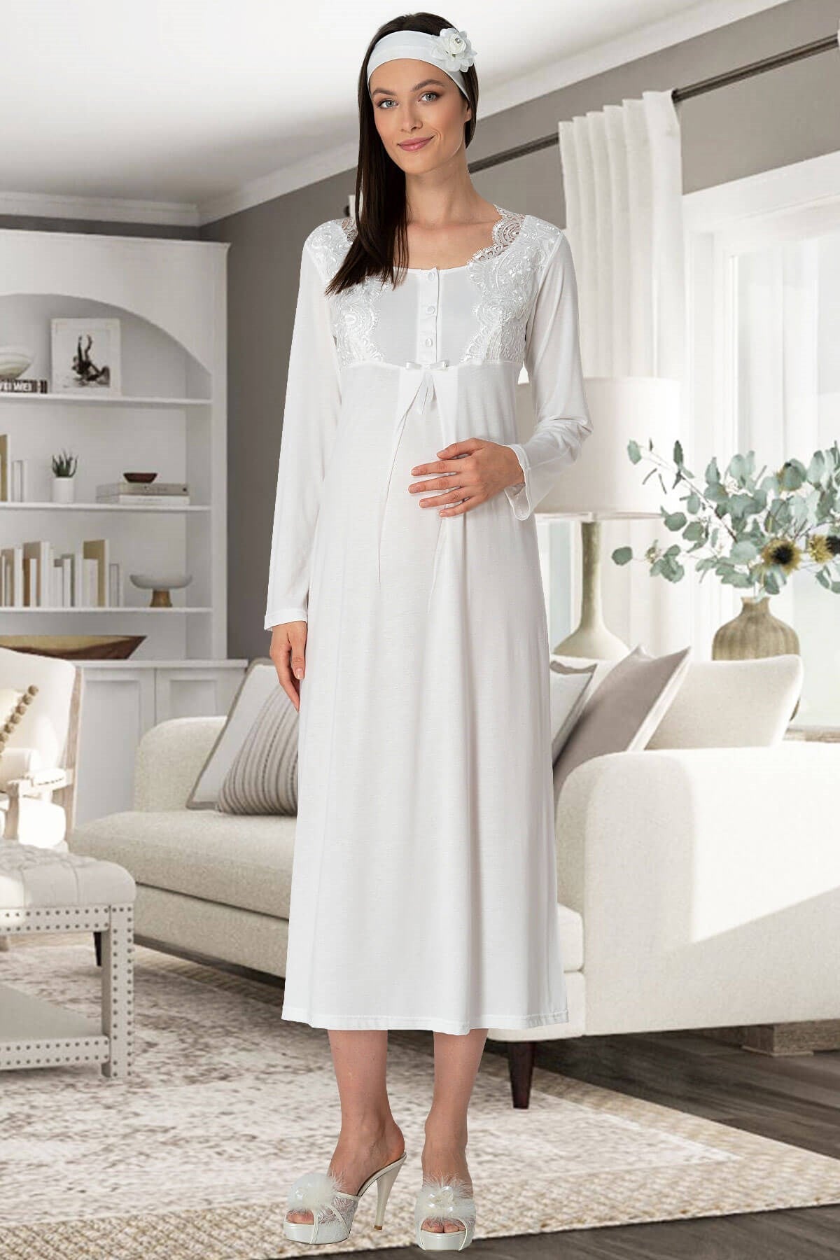 Lace Collar Maternity & Nursing Nightgown With Robe Ecru - 5354