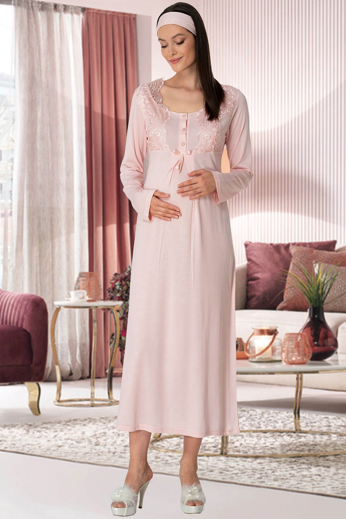 Lace Collar Maternity & Nursing Nightgown With Robe Powder - 5354
