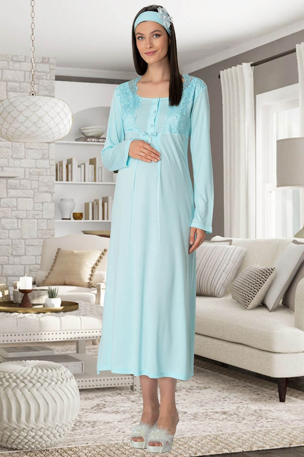 Lace Collar Maternity & Nursing Nightgown Turquoise - 5343