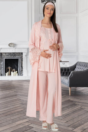 Lace Collar 3-Pieces Maternity & Nursing Pajamas With Robe Powder - 5353