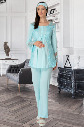 Lace Collar 3-Pieces Maternity & Nursing Pajamas With Robe Turquoise - 5353