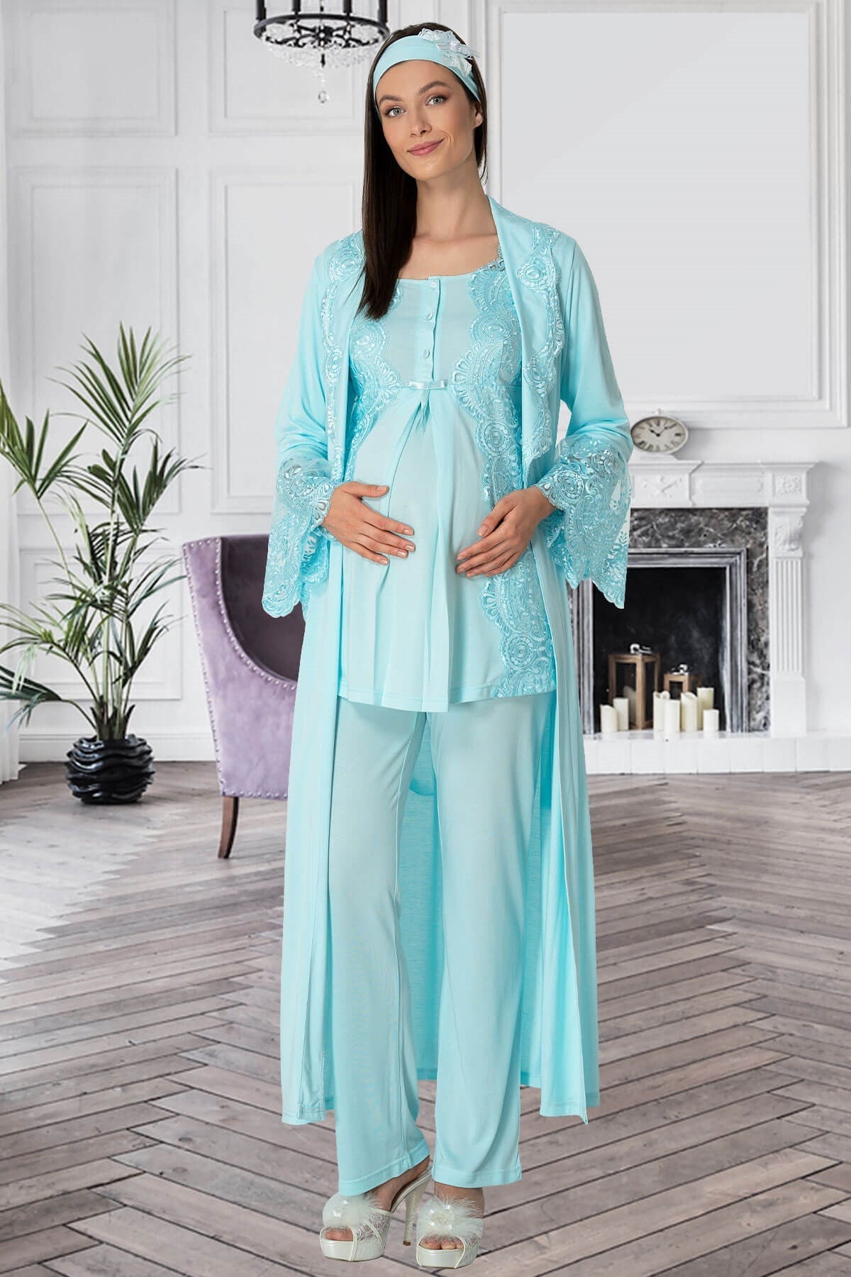 Lace Collar 3-Pieces Maternity & Nursing Pajamas With Robe Turquoise - 5353