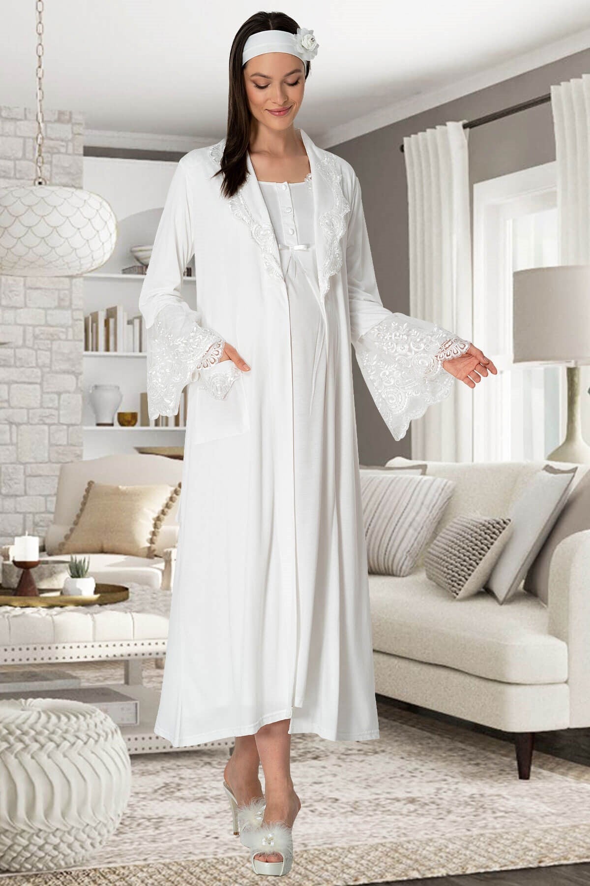 Lace Collar Maternity & Nursing Nightgown With Robe Ecru - 5354