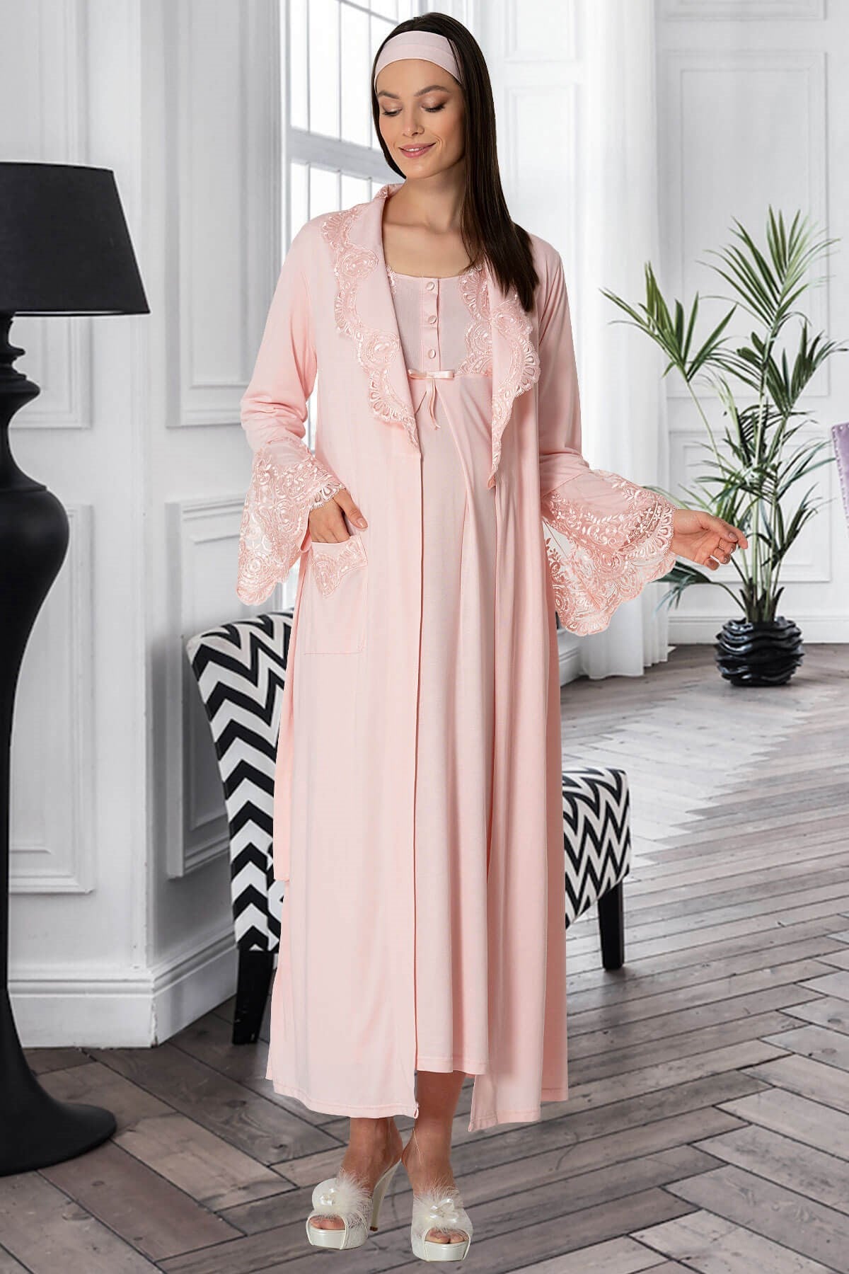 Lace Collar Maternity & Nursing Nightgown With Robe Powder - 5354