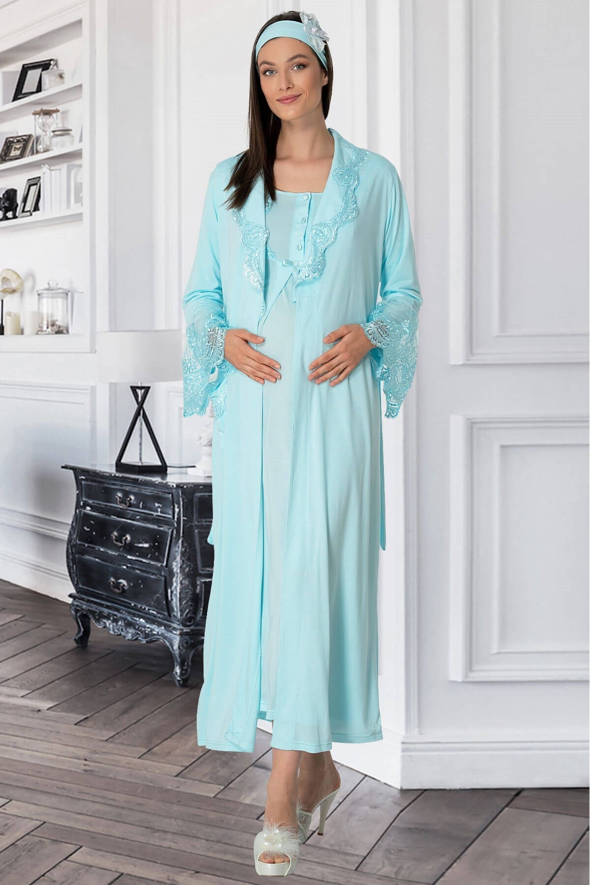 Lace Collar Maternity & Nursing Nightgown With Robe Turquoise - 5354