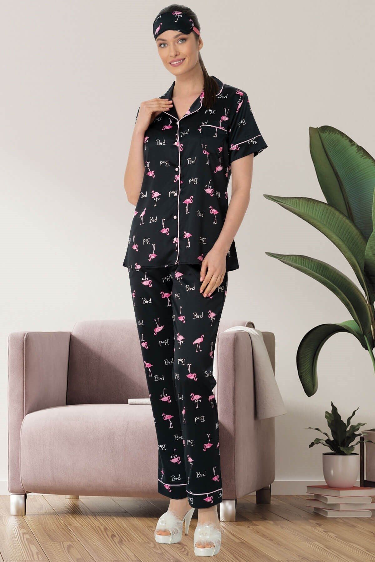 Flamingo Satin Front Button Maternity & Nursing Pajamas - 5472