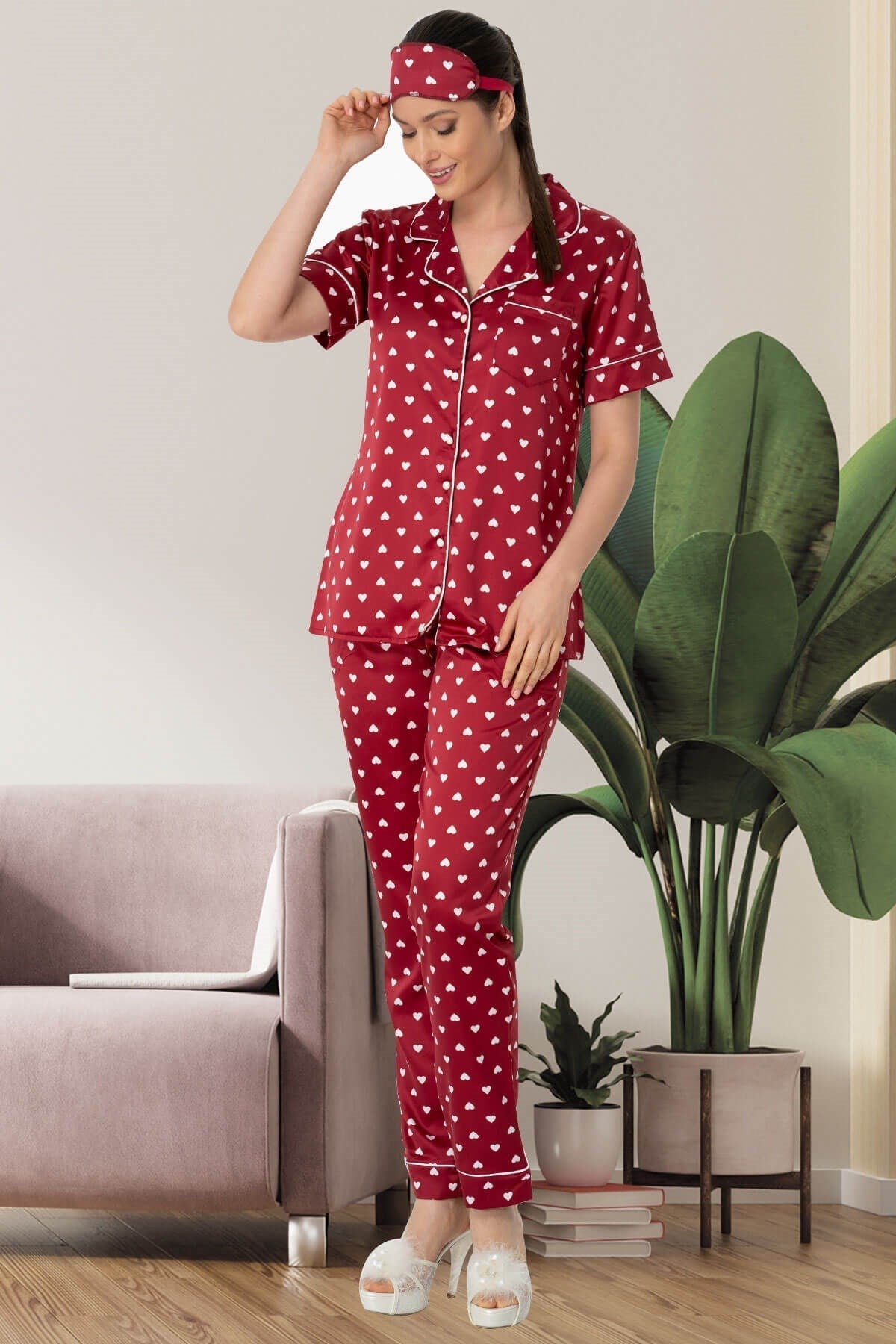 Heart Satin Maternity & Nursing Pajamas - 5476