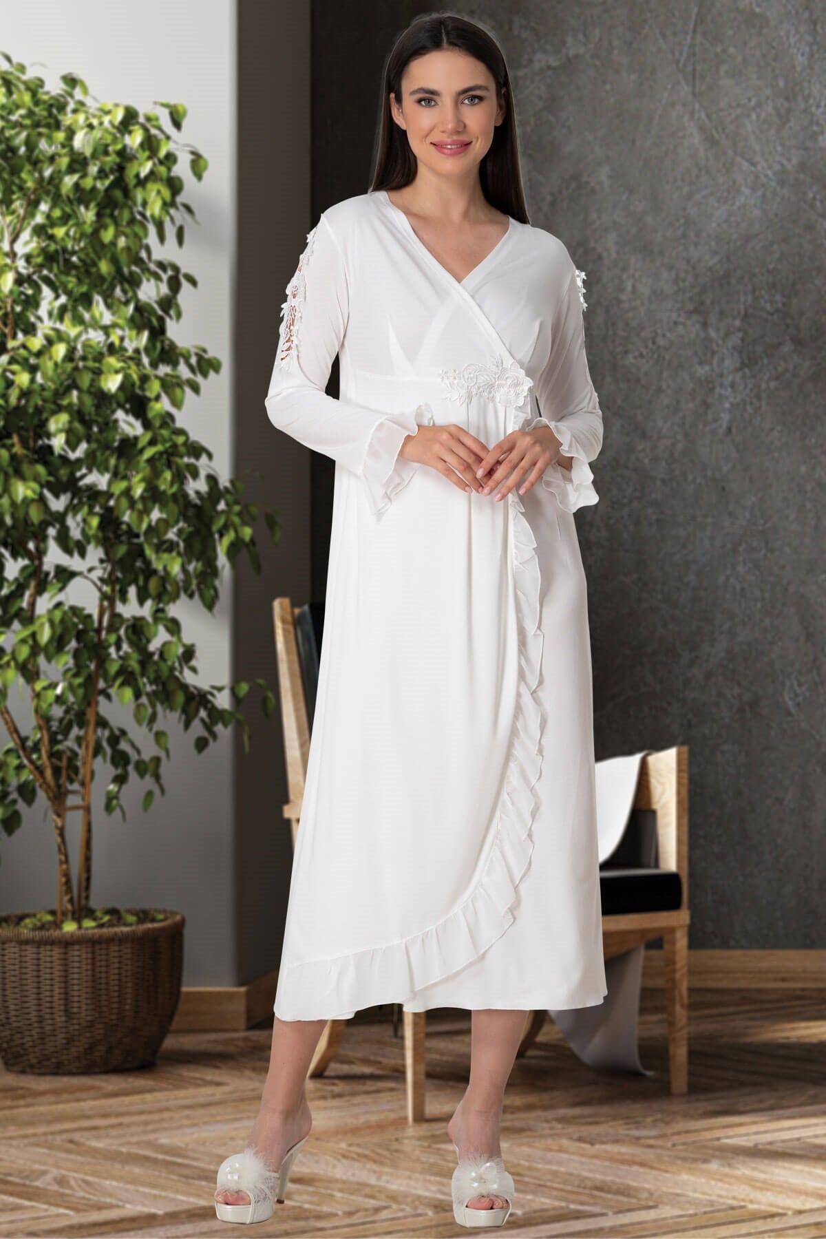 Guipure Double Breasted Maternity & Nursing Nightgown Ecru - 5522