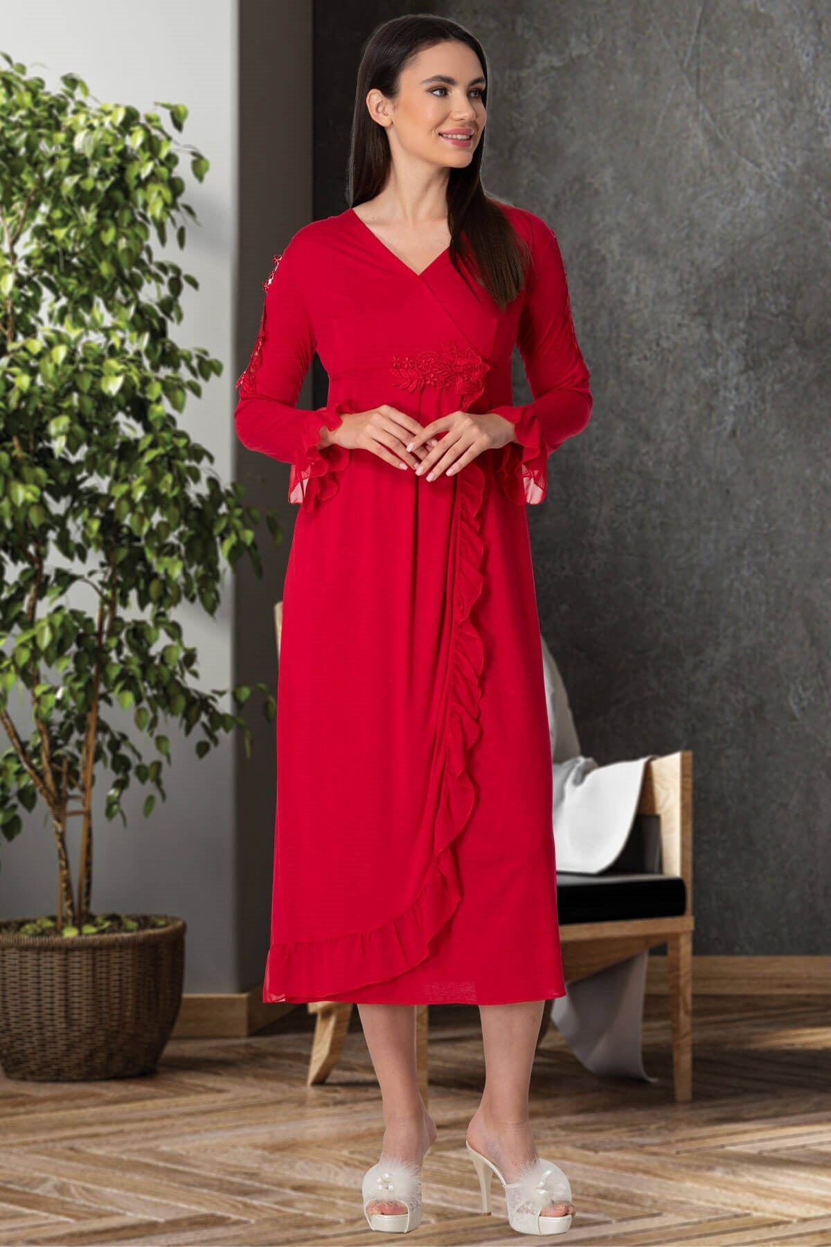 Guipure Double Breasted Maternity & Nursing Nightgown Red - 5522