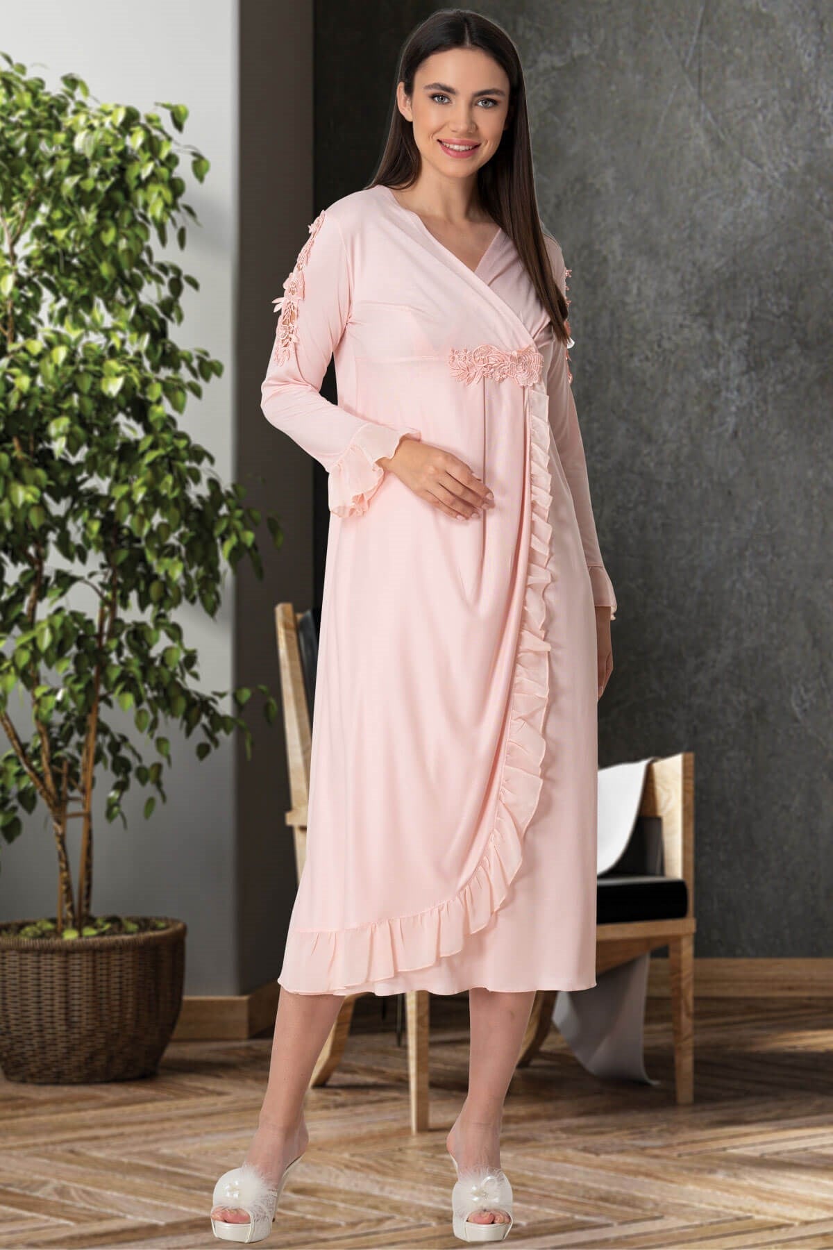 Guipure Double Breasted Maternity & Nursing Nightgown Powder - 5522