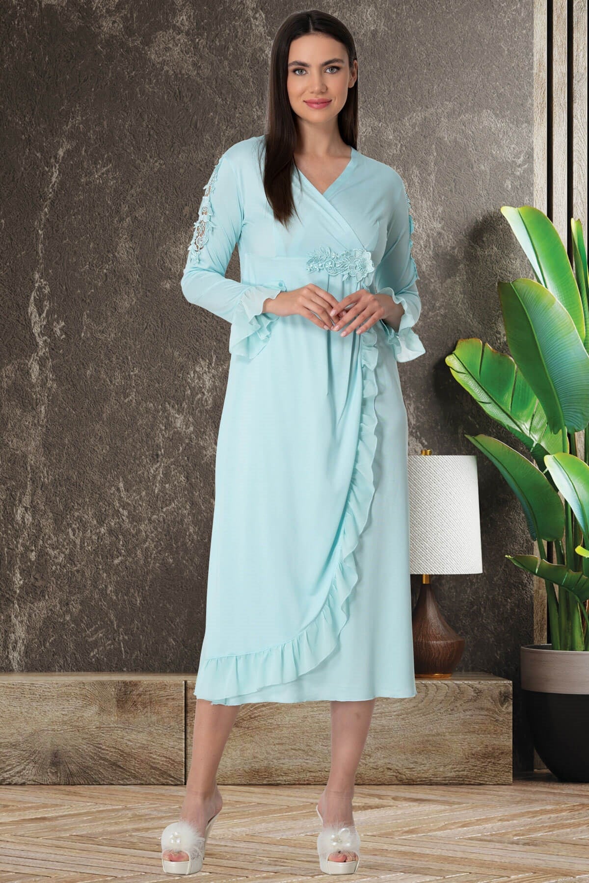 Guipure Double Breasted Maternity & Nursing Nightgown Turquoise - 5522