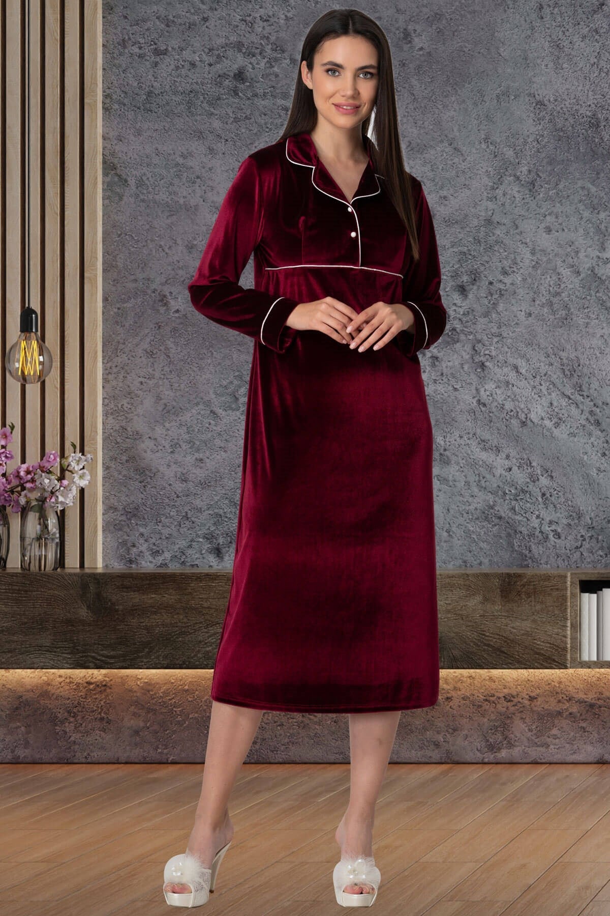 Velvet Maternity & Nursing Nightgown Claret Red - 5545