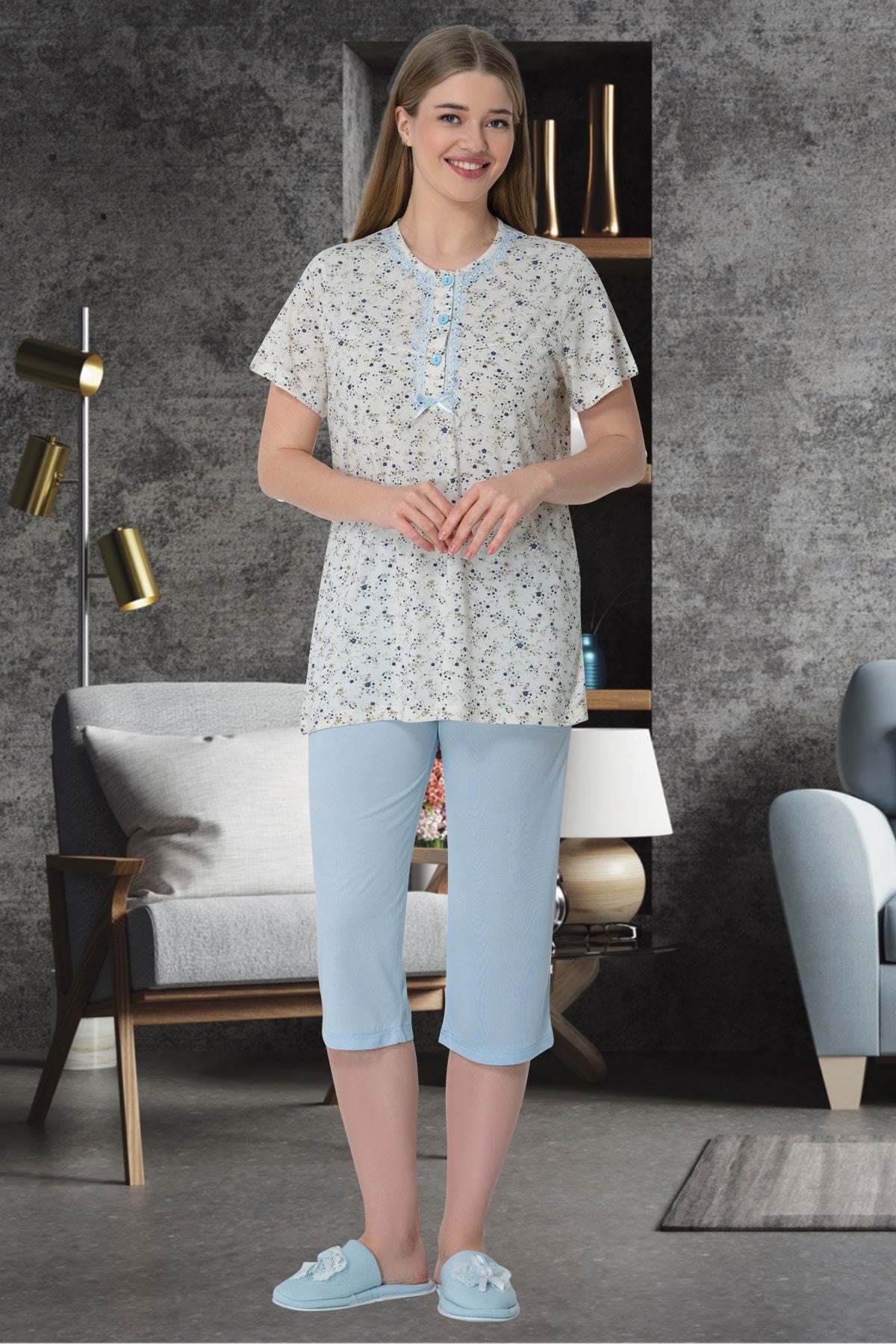 Patterned Plus Size Capri Maternity & Nursing Pajamas Blue - 5642