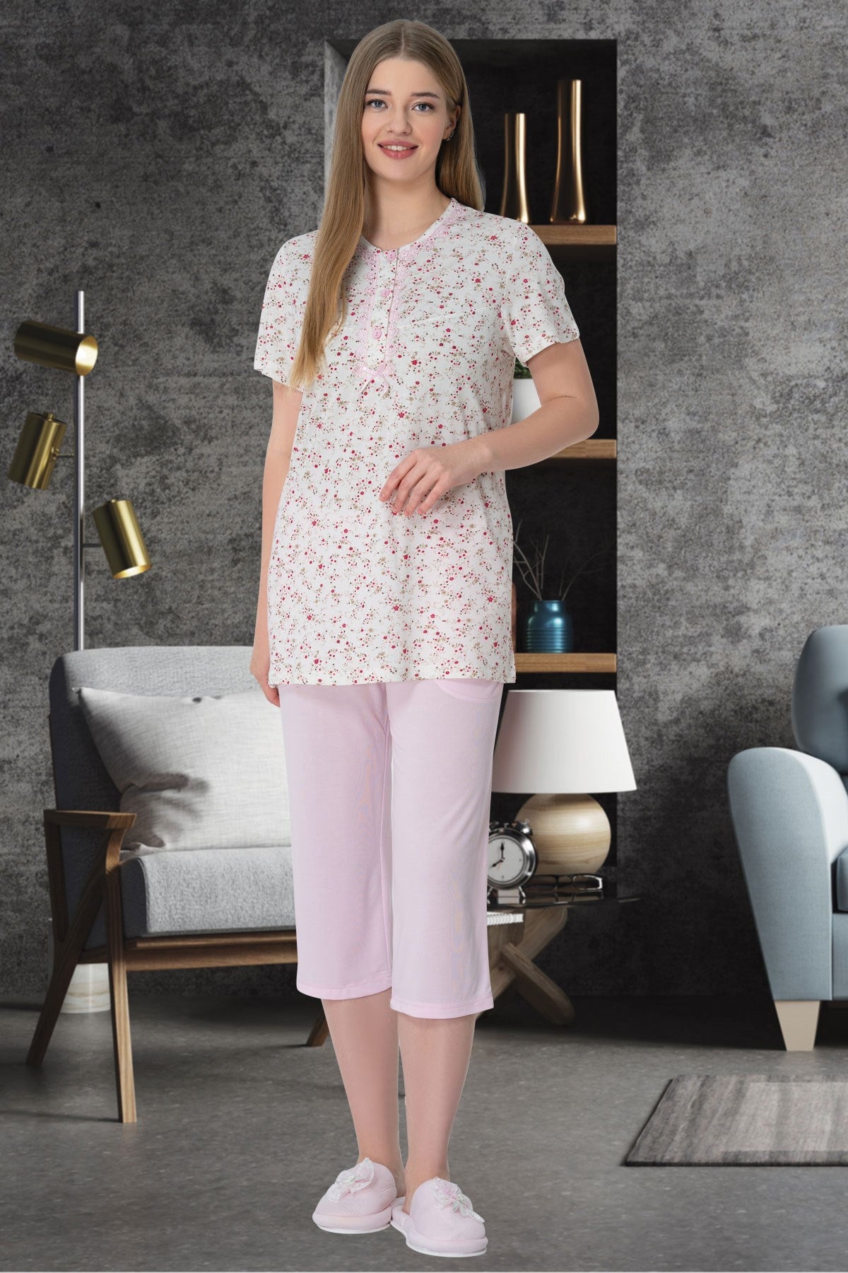 Patterned Plus Size Capri Maternity & Nursing Pajamas Pink - 5642