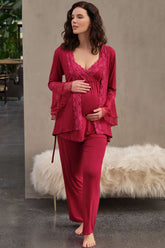Lace Double Breasted 3-Pieces Maternity & Nursing Pajamas With Flywheel Arm Robe Cherry - 5648